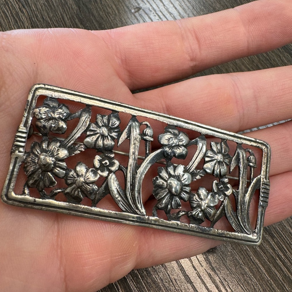 925 Sterling Silver Rectangular Flower Vintage Pi… - image 1